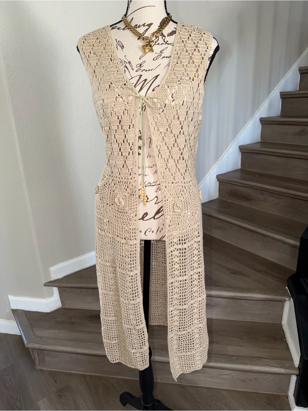 Larry Levine Beige Openwork Crochet Vest